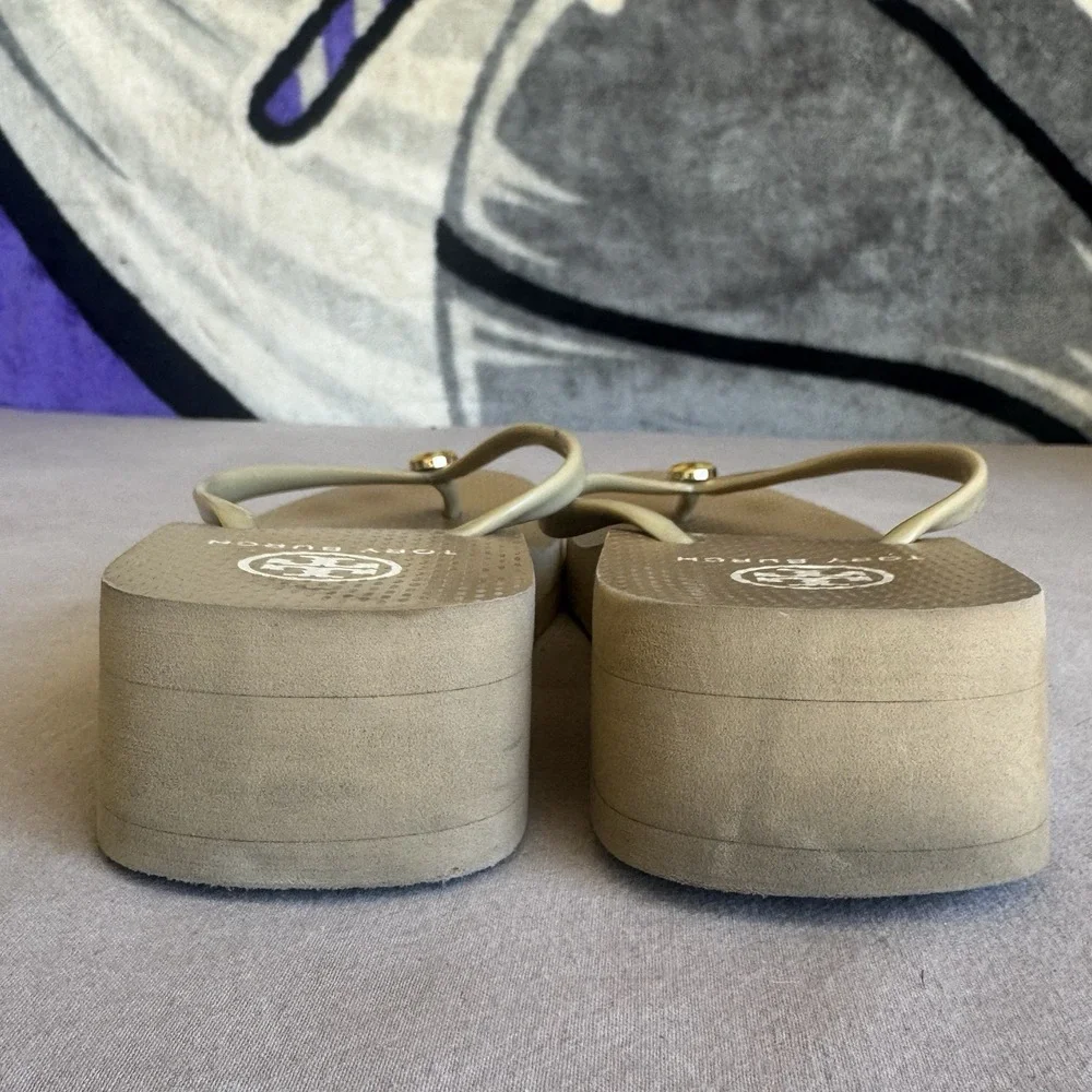 Size 8 - Tory Burch Sandal Tan Platfrom Thong Flip Flop Slide Logo Shoe